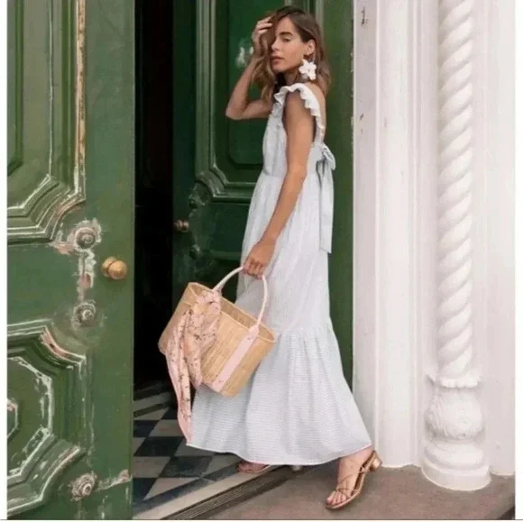 Gal Meets Glam Jasmine Southern Chic Striped Ruffle Tiered Hem Midi Dress(2) - Picture 2 of 12